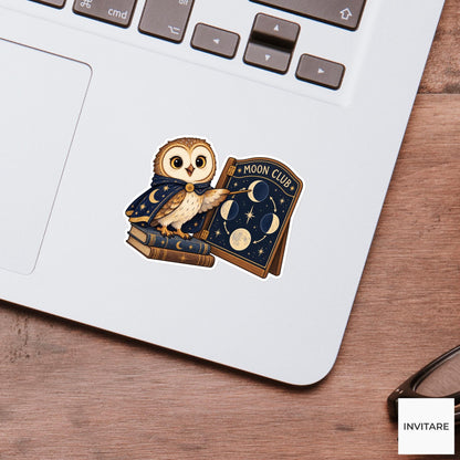 Owl pointing one wing at a crescent diagram on a hinged teaching board Vinyl Sticker