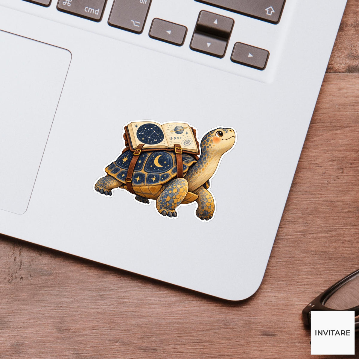 Turtle carrying an open astronomy notebook on its shell and craning its neck upward Vinyl Sticker