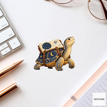 Turtle carrying an open astronomy notebook on its shell and craning its neck upward Vinyl Sticker