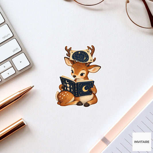 Deer holding a constellation map between its small antlers while reading the moon legend Vinyl Sticker
