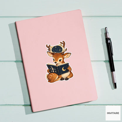 Deer holding a constellation map between its small antlers while reading the moon legend Vinyl Sticker