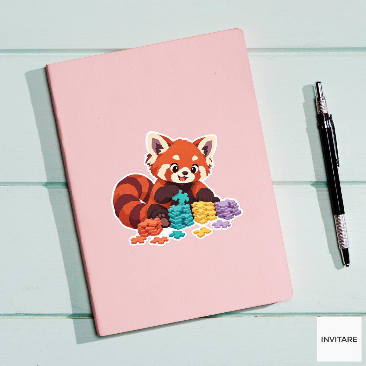 Red panda stacking sorted edge pieces in neat piles beside its ringed tail Vinyl Sticker
