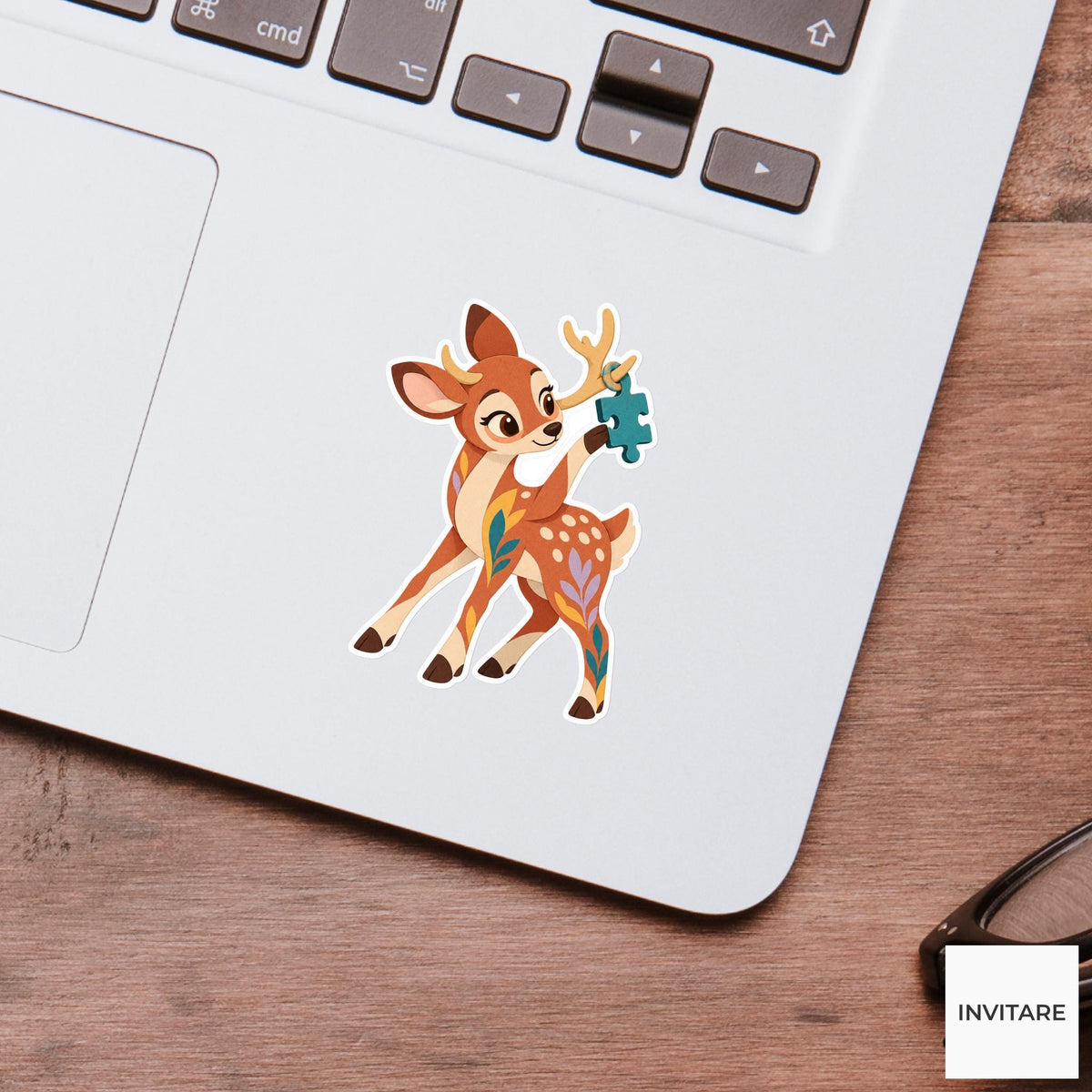 Deer gently untangling a puzzle piece caught on one small antler Vinyl Sticker