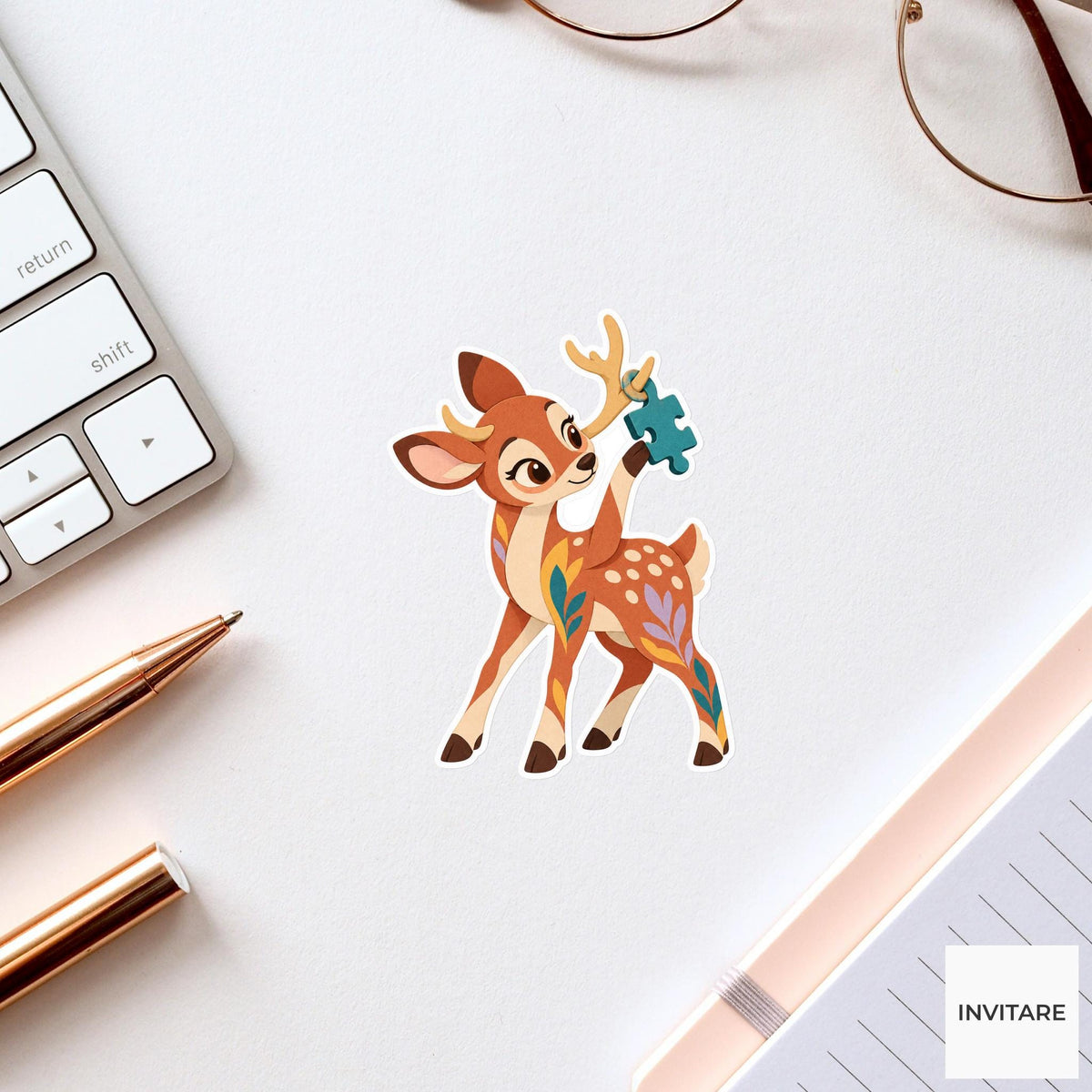 Deer gently untangling a puzzle piece caught on one small antler Vinyl Sticker