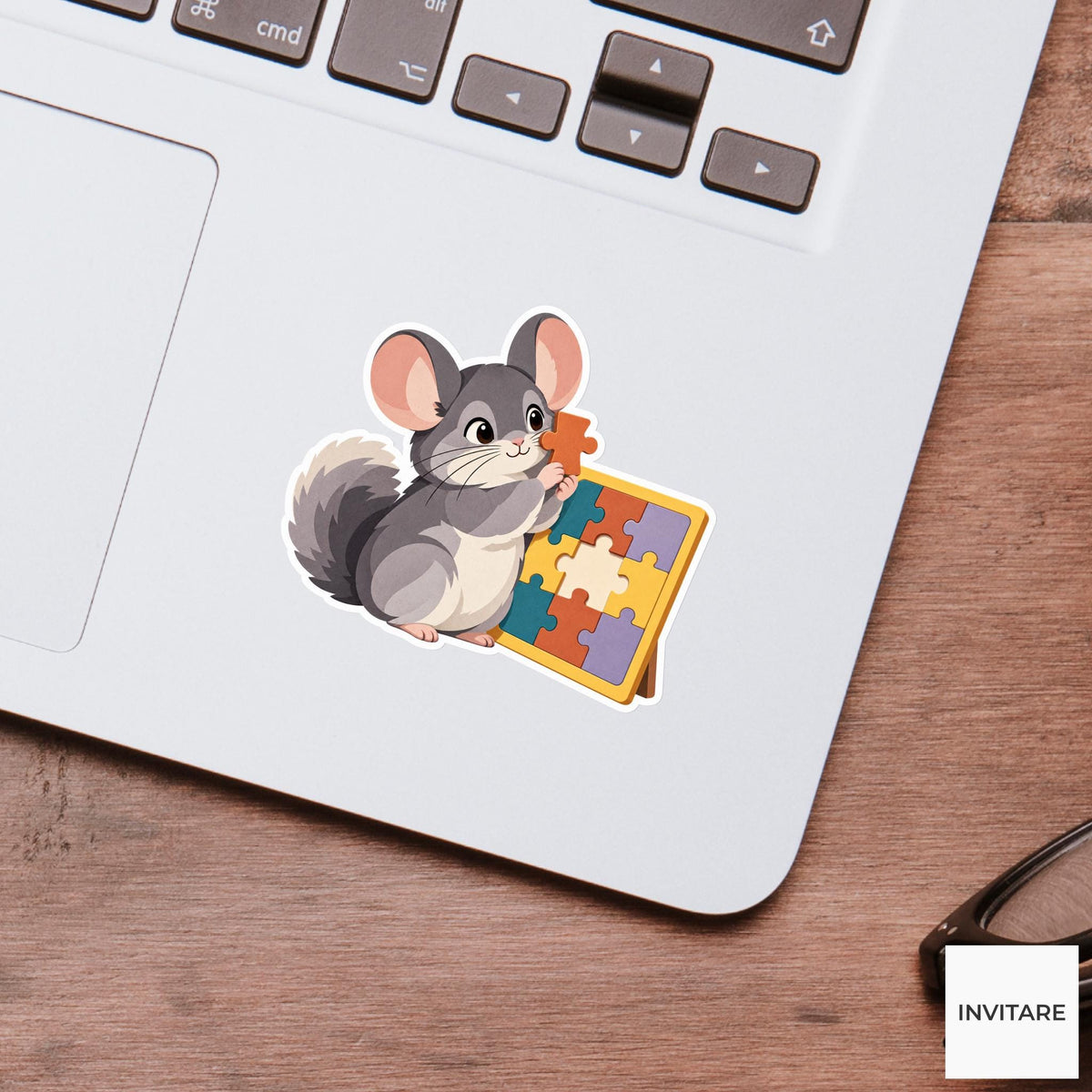 Chinchilla holding a piece beside its ear to compare its shape with a puzzle silhouette Vinyl Sticker