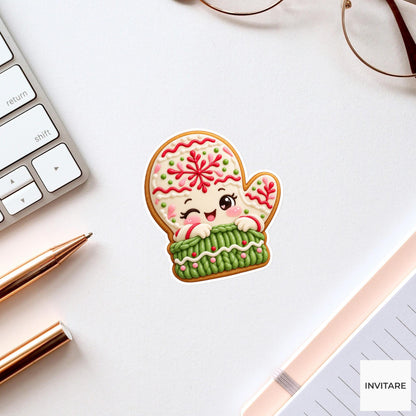 Mitten cookie pulling on a chunky green icing cuff with both tiny hands Vinyl Sticker