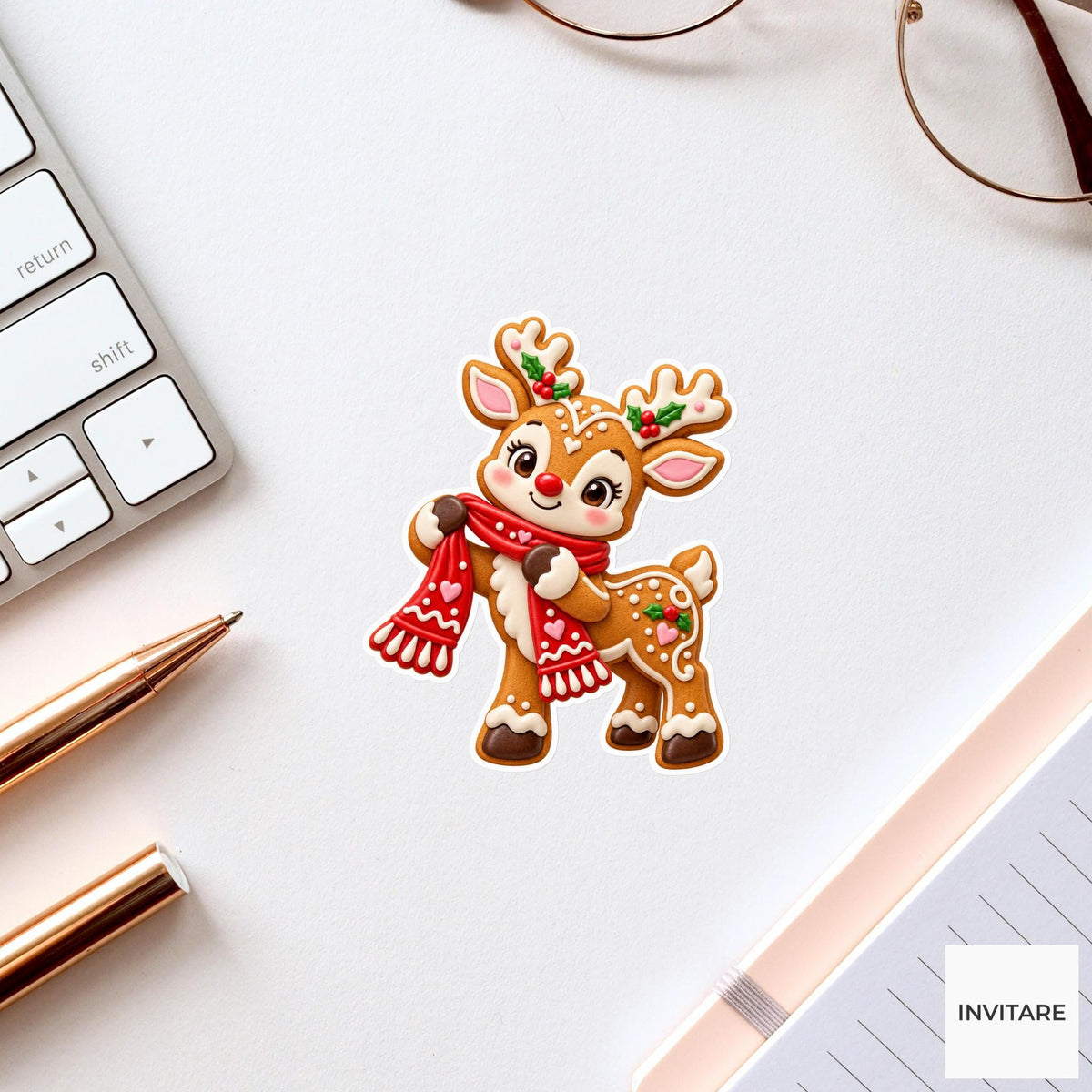 Reindeer cookie carefully draping a red frosting scarf around its baked neck Vinyl Sticker