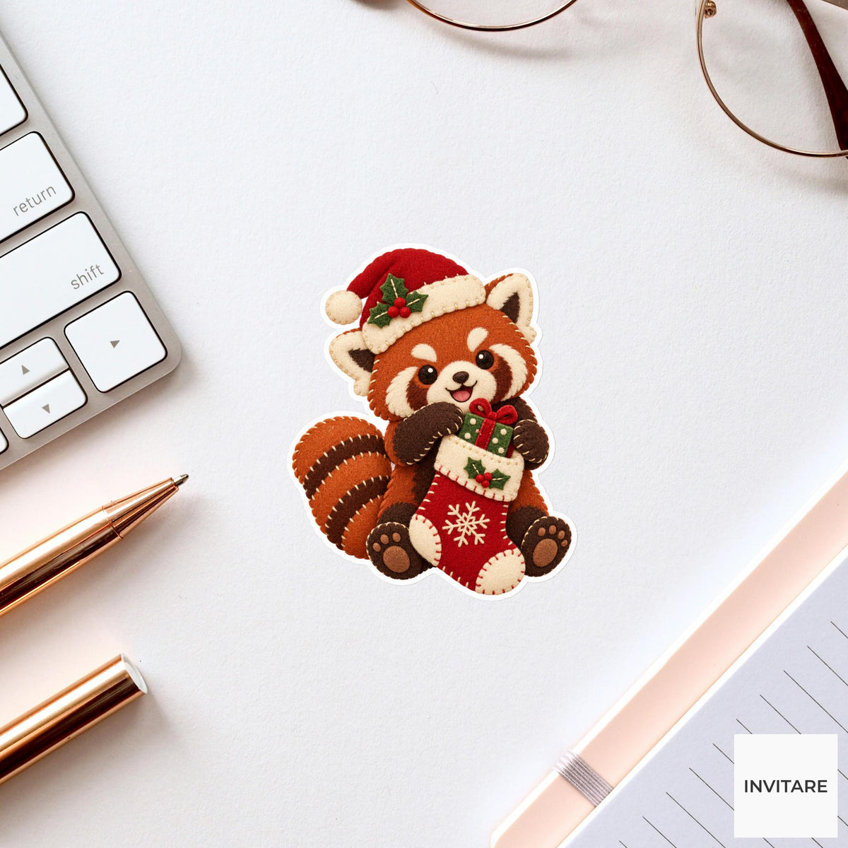 Red panda pulling a tiny wrapped gift out of its stocking with both paws Vinyl Sticker