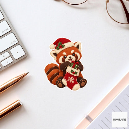 Red panda pulling a tiny wrapped gift out of its stocking with both paws Vinyl Sticker