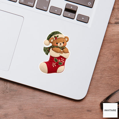 Bear sitting in a roomy stocking and fastening the little cuff button Vinyl Sticker