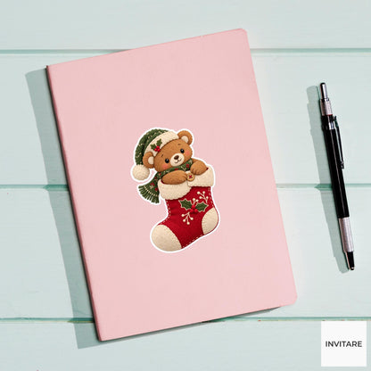 Bear sitting in a roomy stocking and fastening the little cuff button Vinyl Sticker