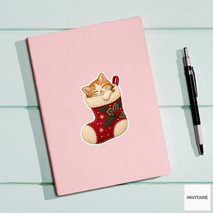 Cat sleeping inside a curved stocking with one paw draped over its edge Vinyl Sticker