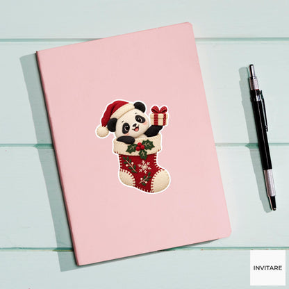 Panda popping out of a stocking and presenting a tiny cream gift box Vinyl Sticker