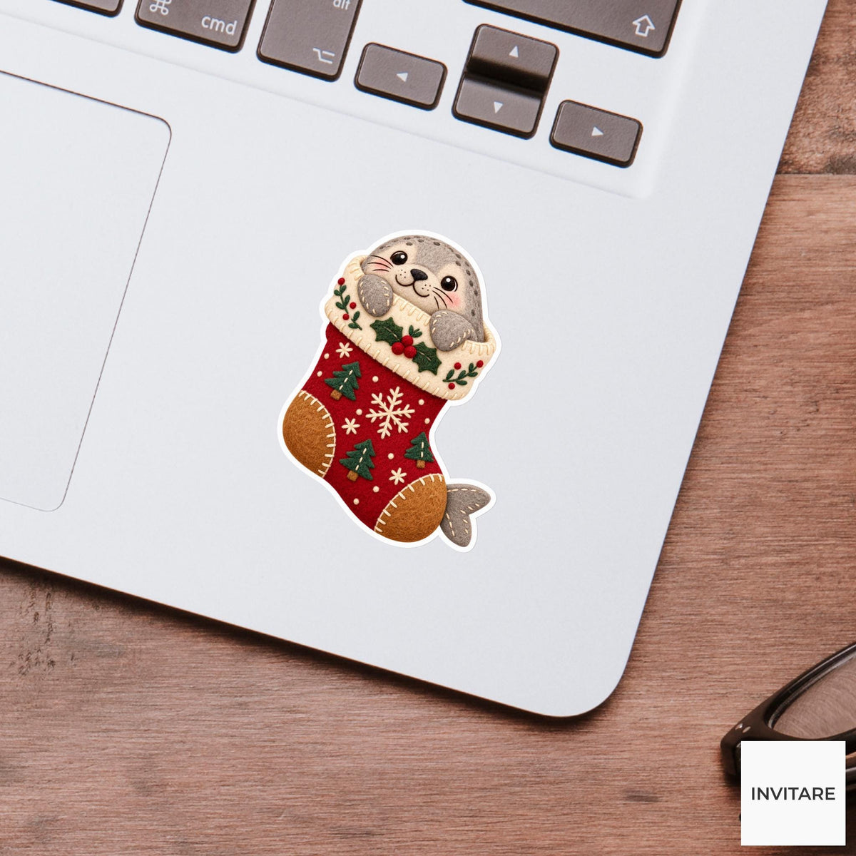 Seal wedging its round body into the stocking toe with its nose peeking through the cuff Vinyl Sticker
