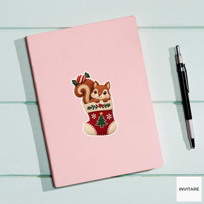 Squirrel hiding in a stocking with a wrapped sweet balanced on its curled tail Vinyl Sticker