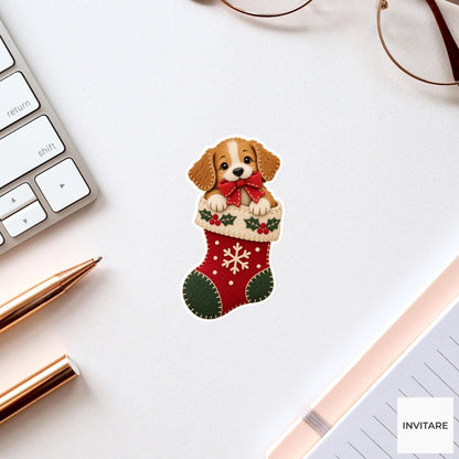 Dog peeking from a stocking while holding a red gift bow in its mouth Vinyl Sticker