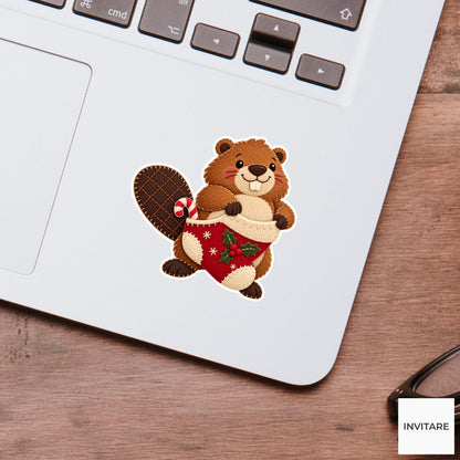 Beaver pulling a stocking up around its belly while a candy peeks beside its broad tail Vinyl Sticker