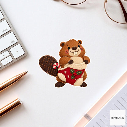Beaver pulling a stocking up around its belly while a candy peeks beside its broad tail Vinyl Sticker