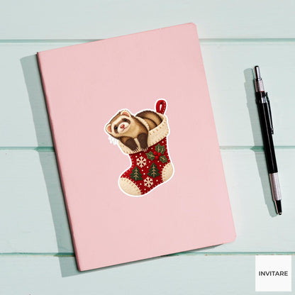 Ferret stretching halfway out of a stocking like a cozy scarf Vinyl Sticker