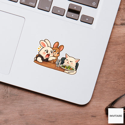 Rabbit Yelling at Cat Vinyl Sticker, Funny Dinner Meme with Salad
