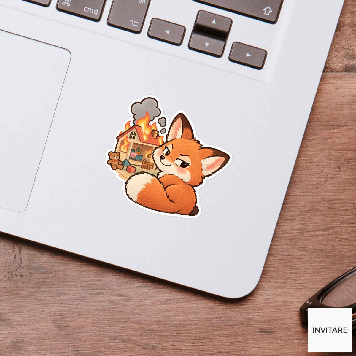 Mischievous Fox Vinyl Sticker, Funny Smirking Cub with Burning Toy House