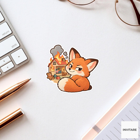 Mischievous Fox Vinyl Sticker, Funny Smirking Cub with Burning Toy House