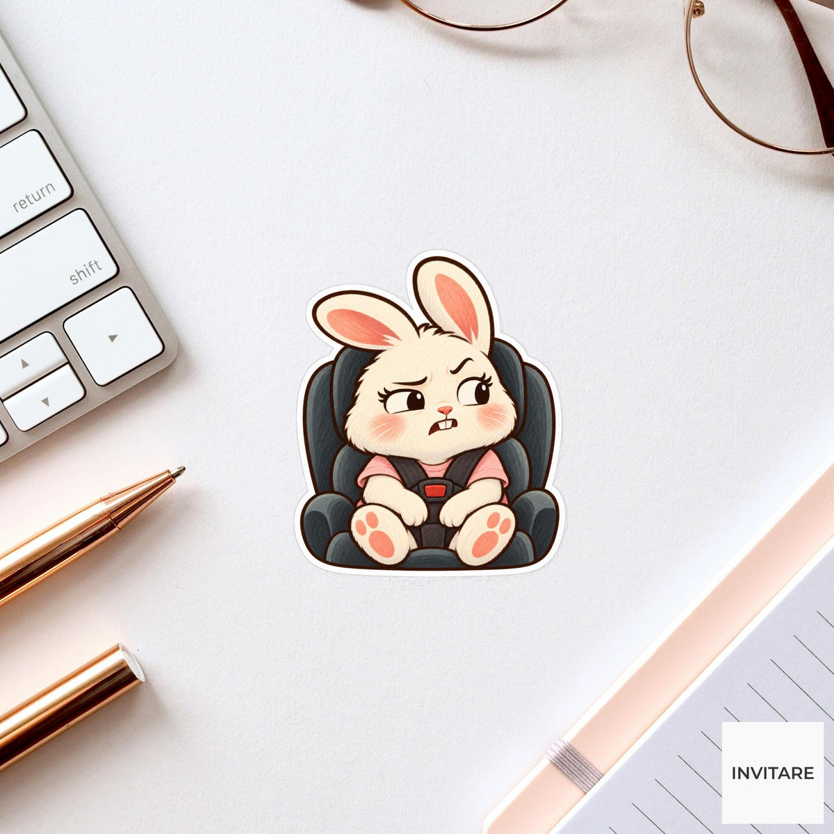 Side Eye Bunny Vinyl Sticker, Funny Skeptical Rabbit in Car Seat