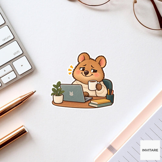 Tired Quokka Vinyl Sticker, Funny Smiling Animal with Coffee and Laptop