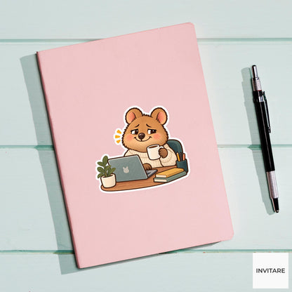 Tired Quokka Vinyl Sticker, Funny Smiling Animal with Coffee and Laptop
