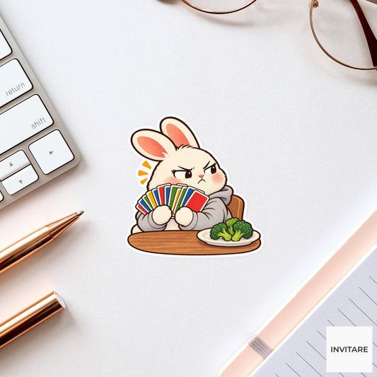 Stubborn Bunny Vinyl Sticker, Funny Rabbit Holding Cards and Refusing Broccoli