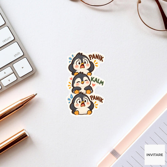 Panik Kalm Penguin Vinyl Sticker, Cute Three Stage Reaction Meme