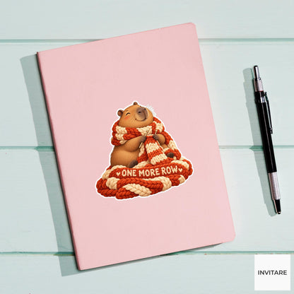 Capybara Knitting a Long Scarf Vinyl Sticker, One More Row Cozy Yarn Animal