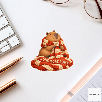 Capybara Knitting a Long Scarf Vinyl Sticker, One More Row Cozy Yarn Animal
