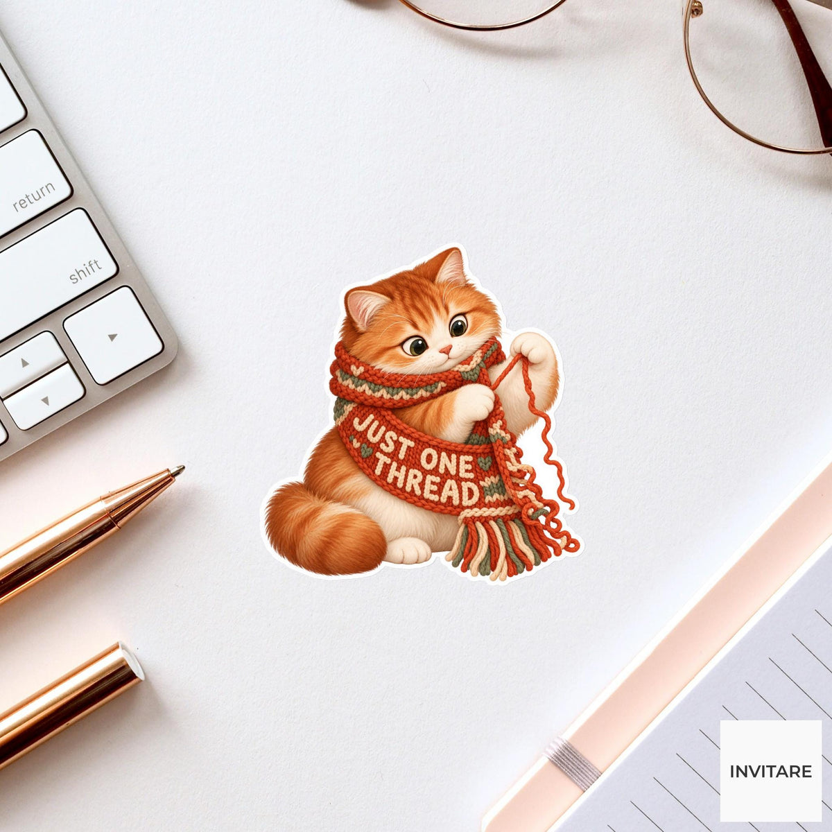 Cat Cozy Yarn Vinyl Sticker, Just One Thread Cute Animal Illustration