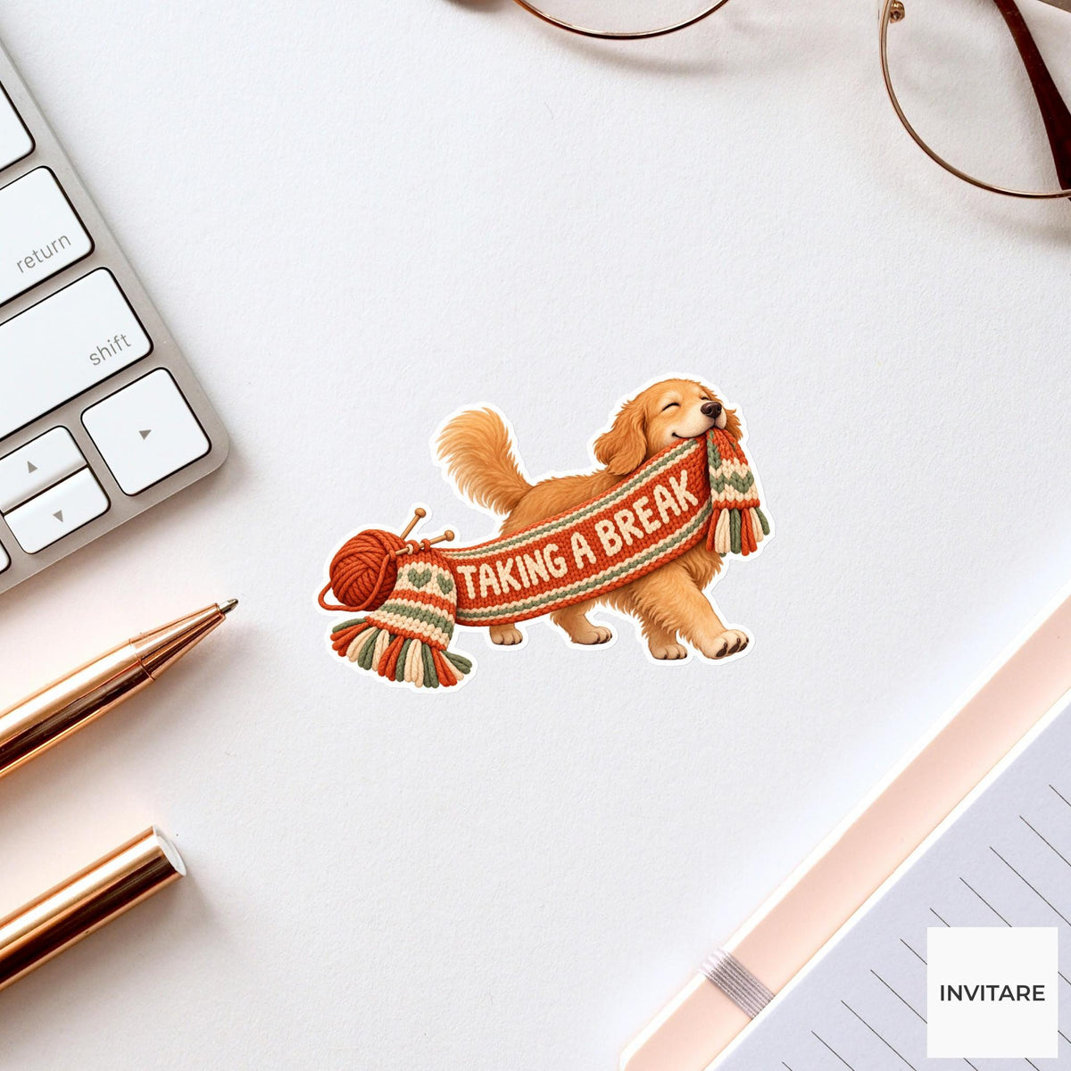 Dog Cozy Yarn Vinyl Sticker, Taking A Break Cute Animal Illustration