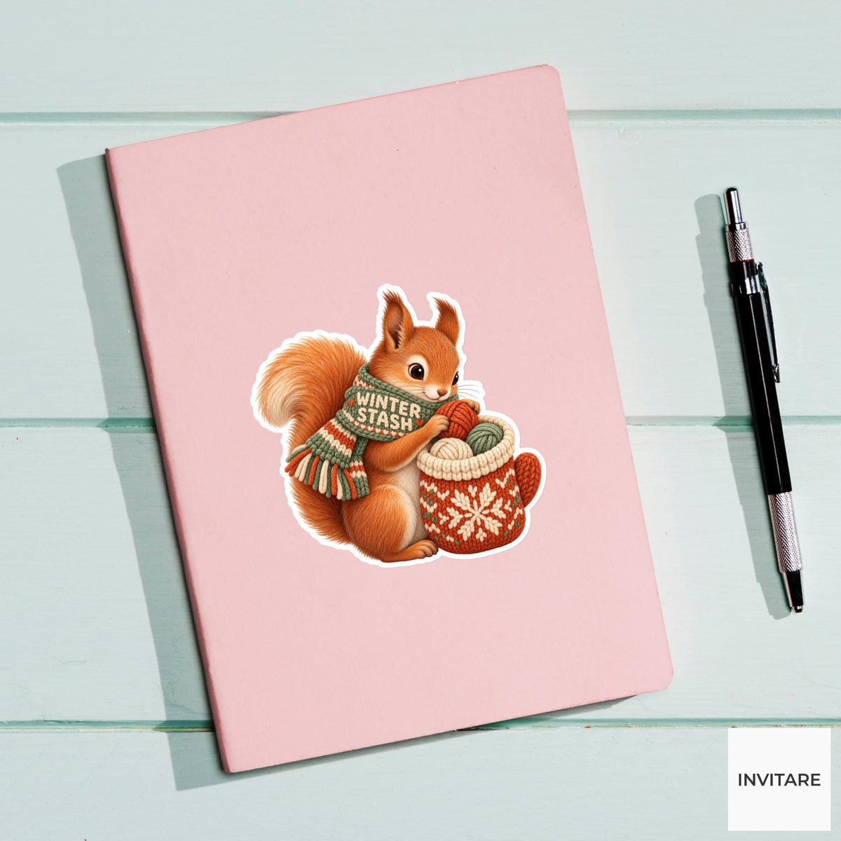 Squirrel Cozy Yarn Vinyl Sticker, Winter Stash Cute Animal Illustration