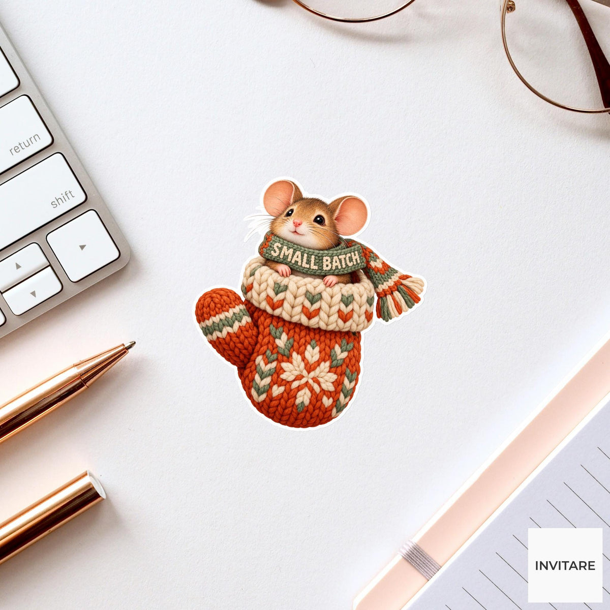 Mouse Cozy Yarn Vinyl Sticker, Small Batch Cute Animal Illustration