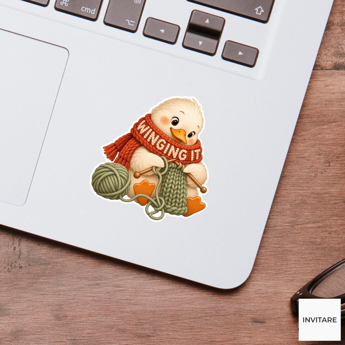Duck Cozy Yarn Vinyl Sticker, Winging It Cute Animal Illustration