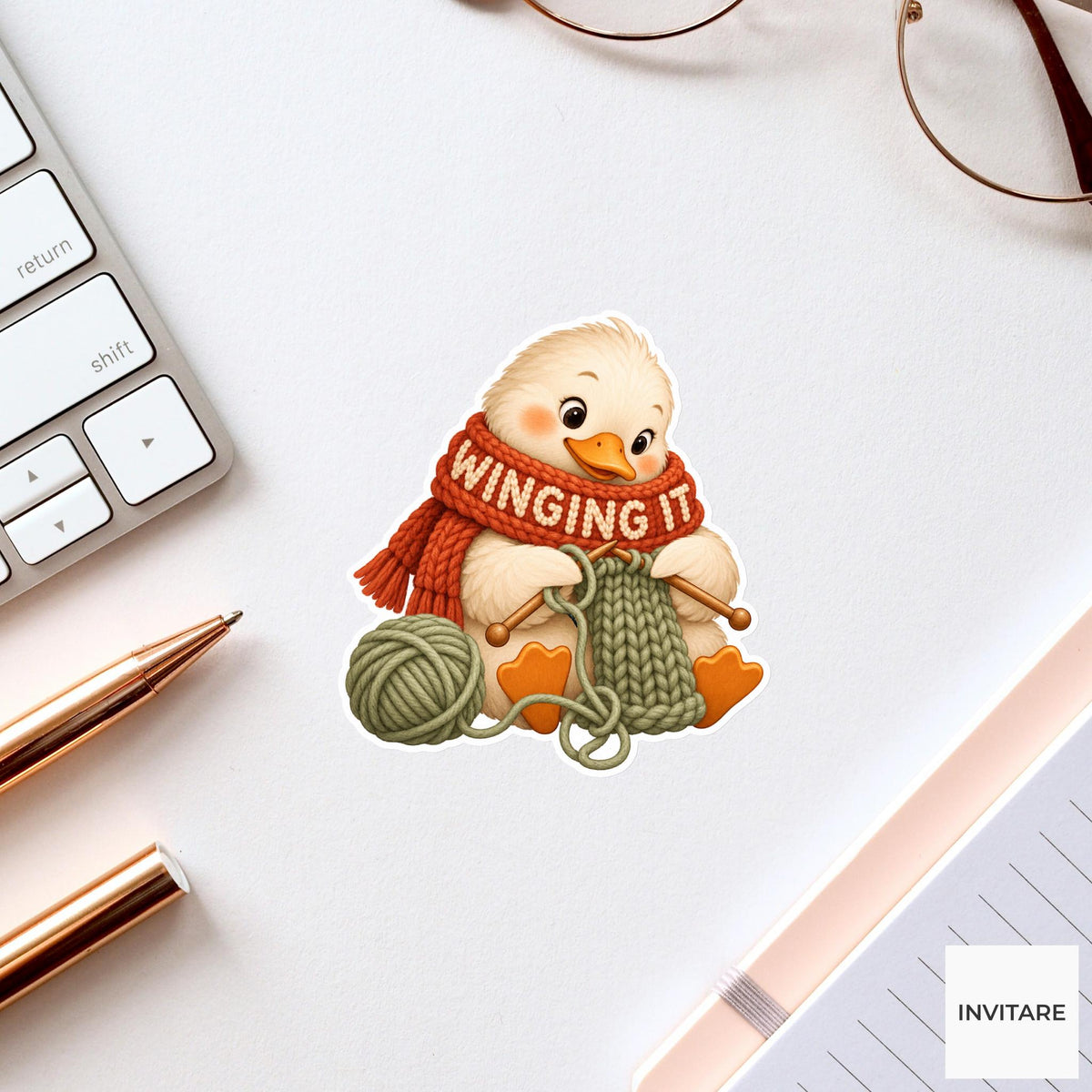 Duck Cozy Yarn Vinyl Sticker, Winging It Cute Animal Illustration