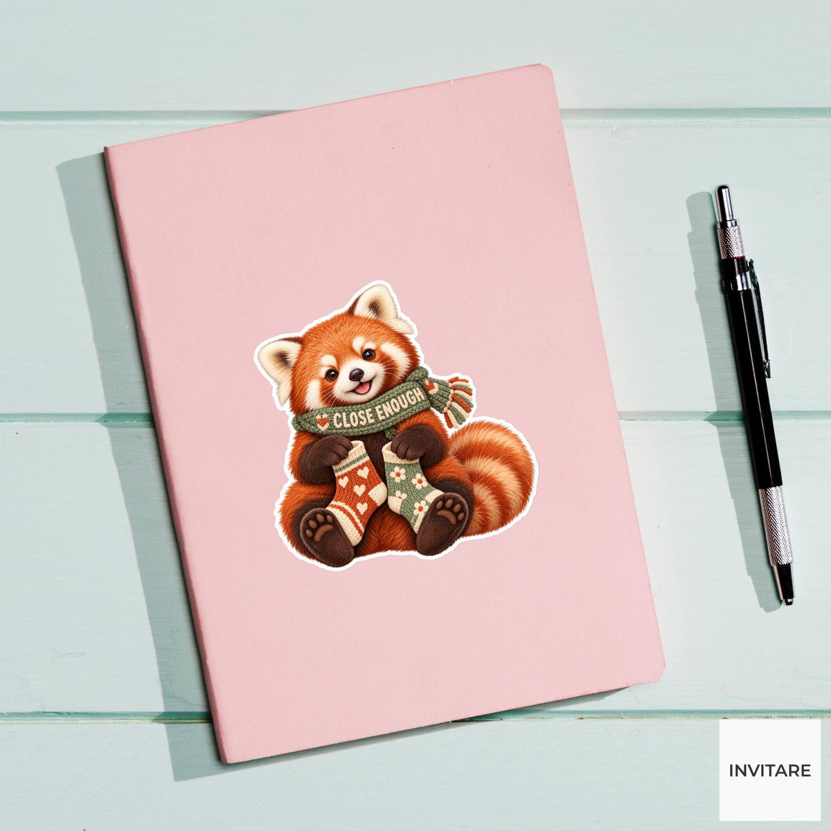 Red panda Cozy Yarn Vinyl Sticker, Close Enough Cute Animal Illustration