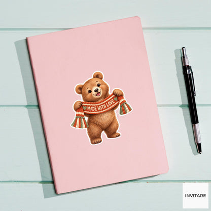 Bear Cozy Yarn Vinyl Sticker, Made With Love Cute Animal Illustration