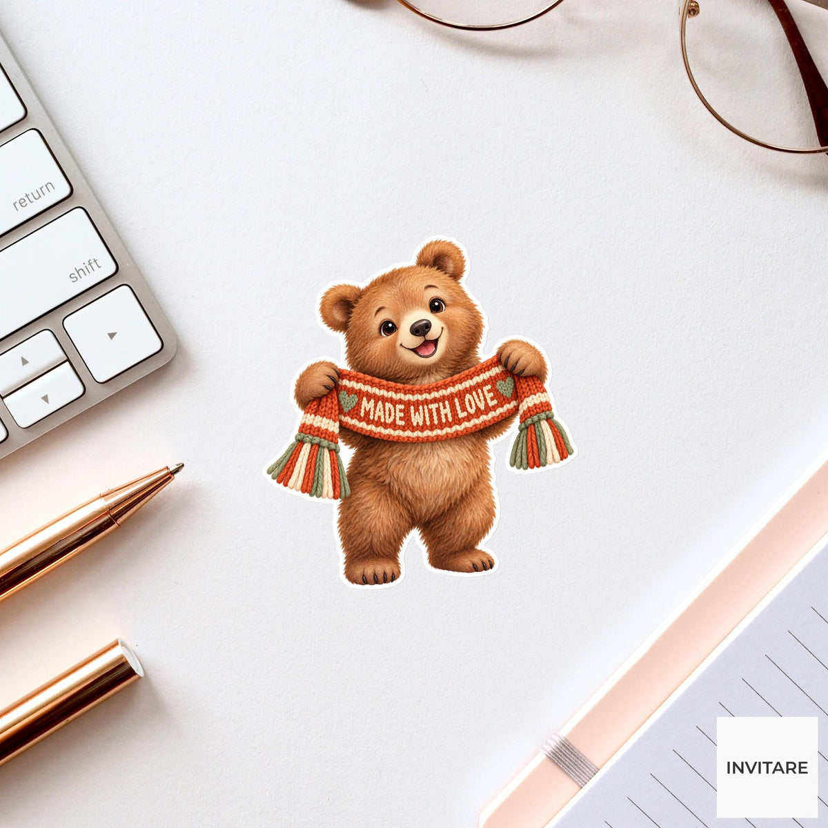 Bear Cozy Yarn Vinyl Sticker, Made With Love Cute Animal Illustration