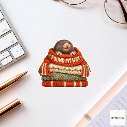 Mole Cozy Yarn Vinyl Sticker, Found My Way Cute Animal Illustration