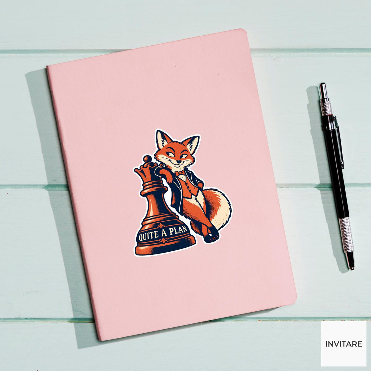 Fox Chess Vinyl Sticker, Quite A Plan Cute Animal Illustration