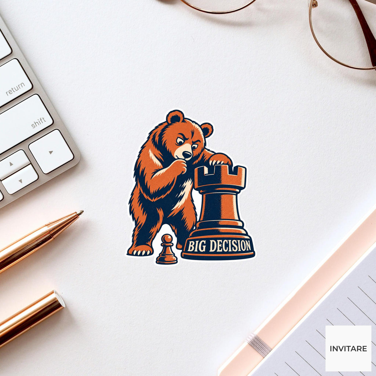 Bear Chess Vinyl Sticker, Big Decision Cute Animal Illustration