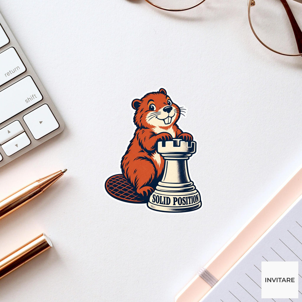 Beaver Chess Vinyl Sticker, Solid Position Cute Animal Illustration