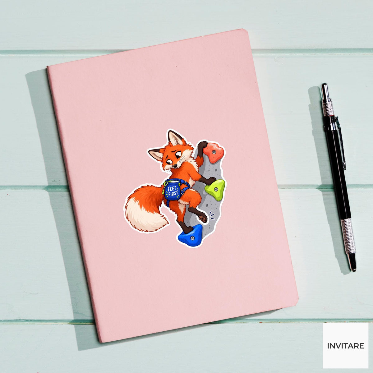 Fox Bouldering Vinyl Sticker, Feet First Cute Animal Illustration