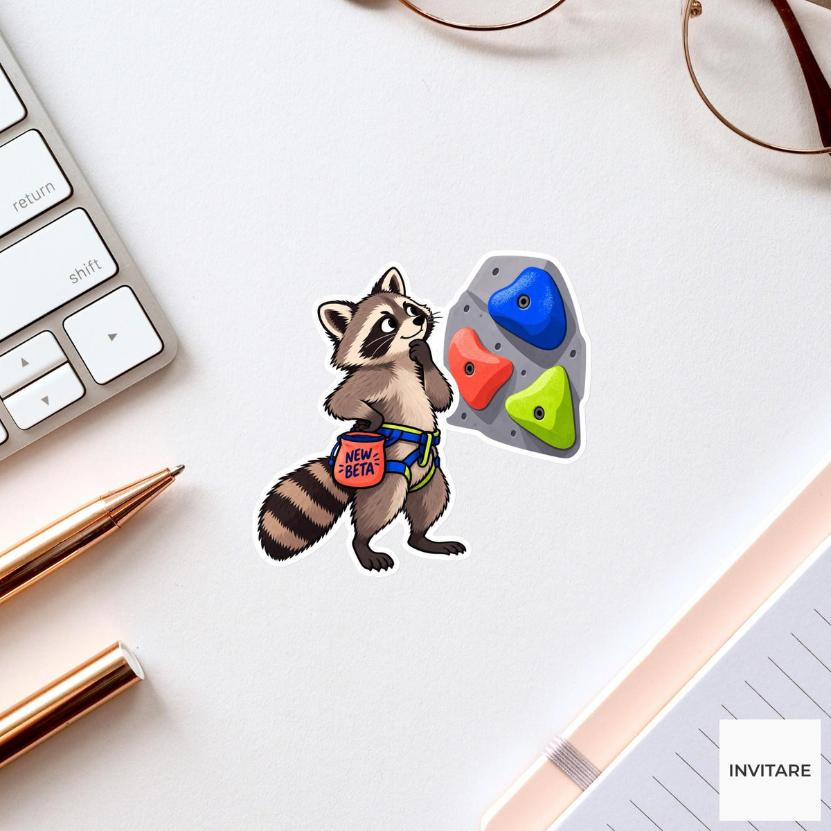 Raccoon Bouldering Vinyl Sticker, New Beta Cute Animal Illustration