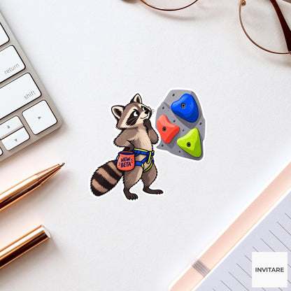 Raccoon Bouldering Vinyl Sticker, New Beta Cute Animal Illustration