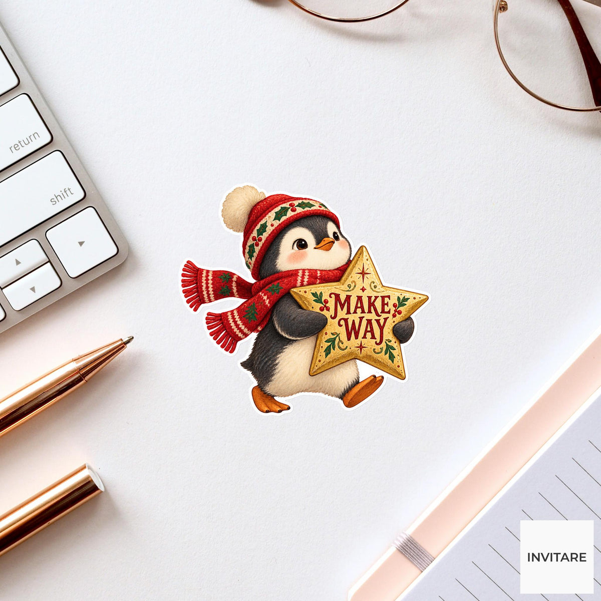 Penguin Christmas Star Vinyl Sticker, Make Way Cute Animal Illustration